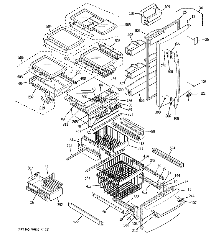 DOORS & SHELVES Diagram and Parts List for PDS22MIWABB  General Electric Refrigerator