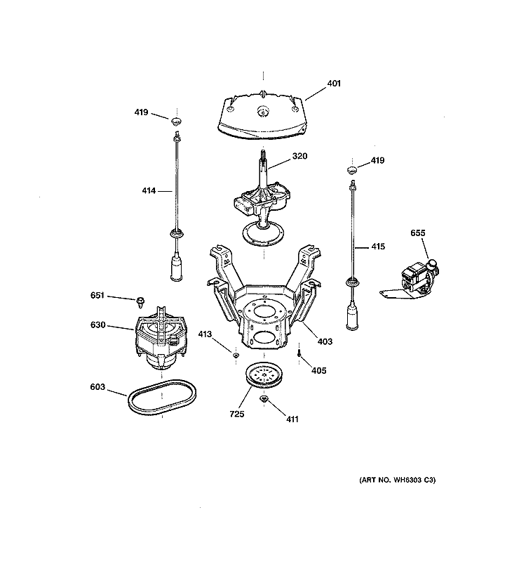 SUSPENSION, PUMP & DRIVE COMPONENTS Diagram and Parts List for WJSR4160D5CC  General Electric Washer