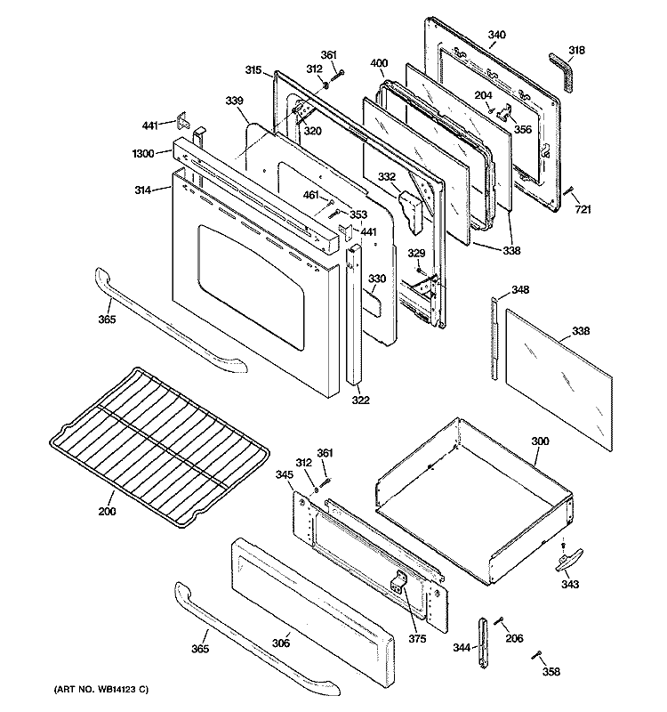 DOOR & DRAWER PARTS Diagram and Parts List for JGBP32SEM1SS  General Electric Range