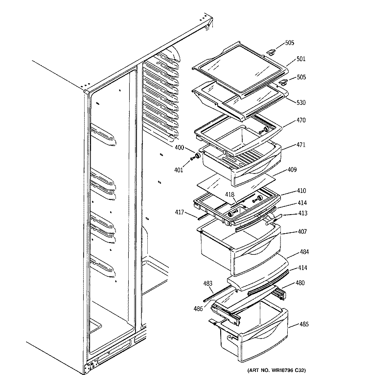 FRESH FOOD SHELVES Diagram and Parts List for GSS25KSWASS  General Electric Refrigerator