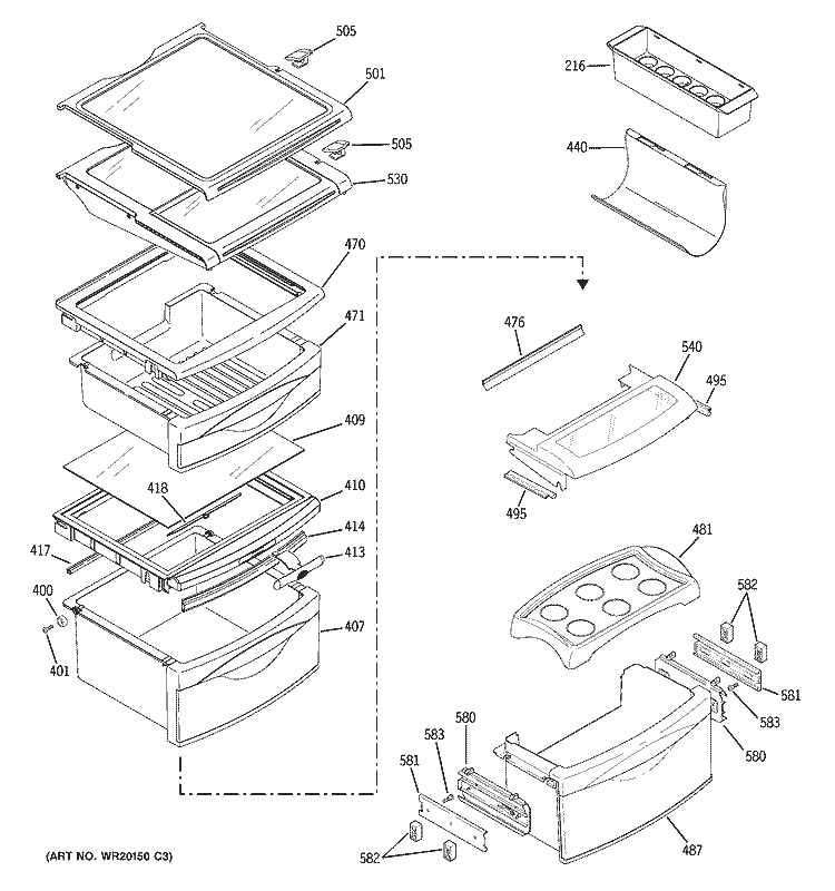 FRESH FOOD SHELVES Diagram and Parts List for PHE25PGTEFBB  General Electric Refrigerator