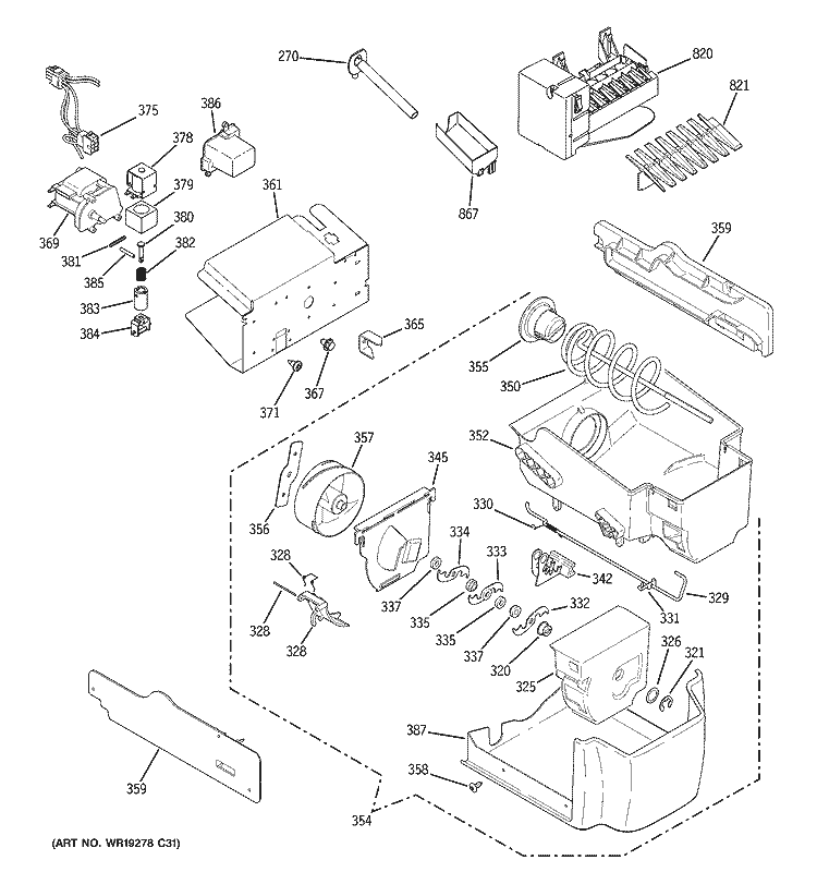 ICE MAKER & DISPENSER Diagram and Parts List for DSD26DGWCBG  General Electric Refrigerator