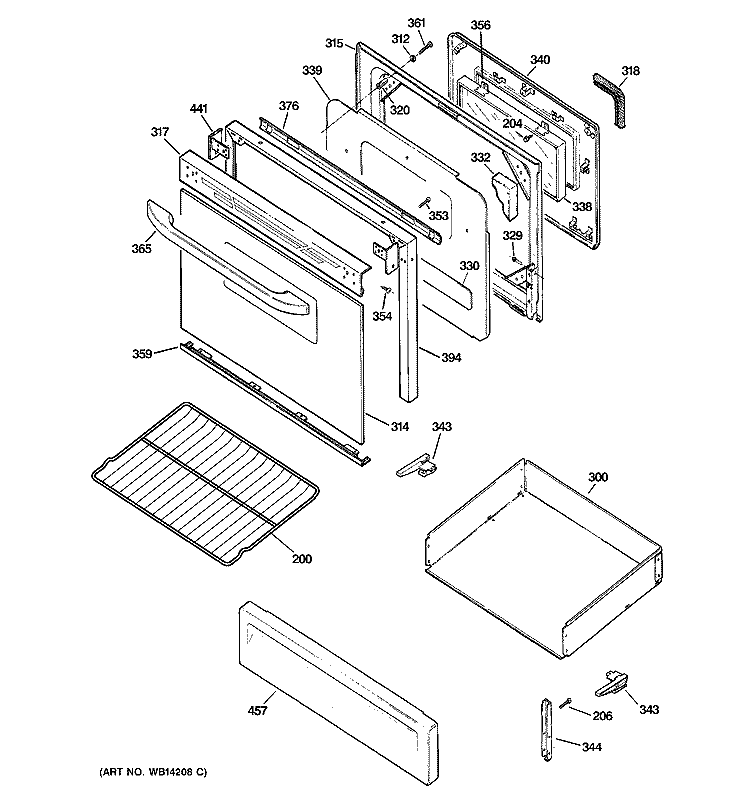 DOOR & DRAWER PARTS Diagram and Parts List for JGBP25DEM1WW  General Electric Range