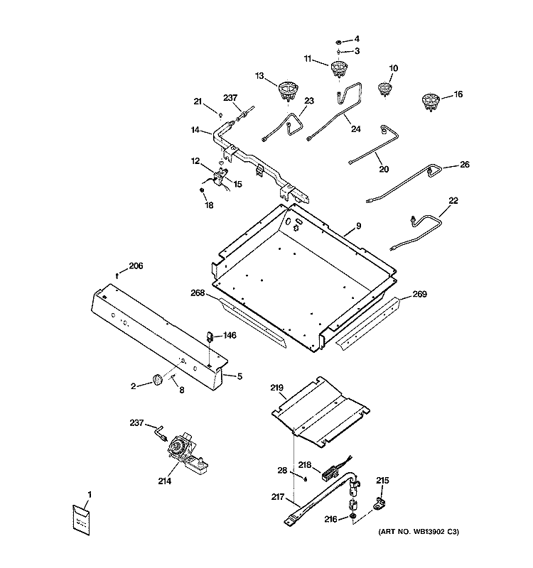 GAS & BURNER PARTS Diagram and Parts List for JGBS80DEM1WW  General Electric Range