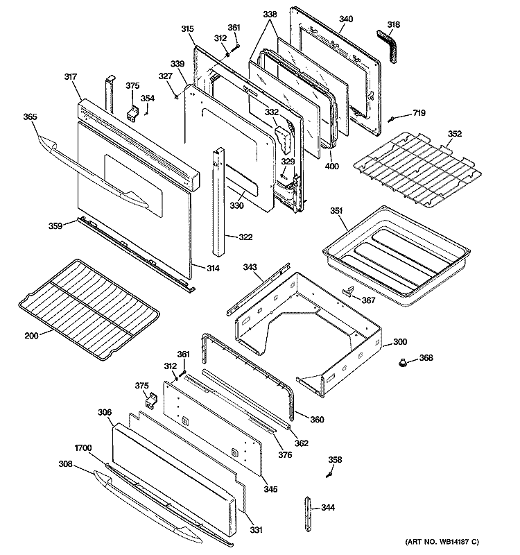 DOOR & DRAWER PARTS Diagram and Parts List for P2B918DEM1BB  General Electric Range