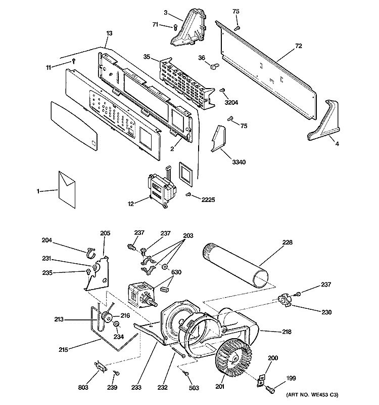 BACKSPLASH, BLOWER & MOTOR ASSEMBLY Diagram and Parts List for DNCK440EG0WC  General Electric Dryer