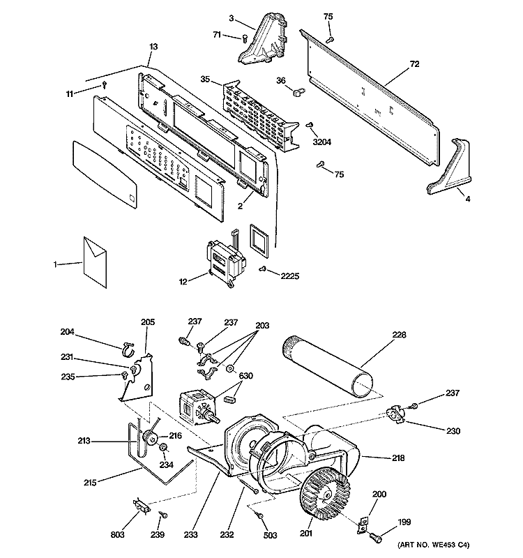 BACKSPLASH, BLOWER & MOTOR ASSEMBLY Diagram and Parts List for DNCK440GG0WC  General Electric Dryer