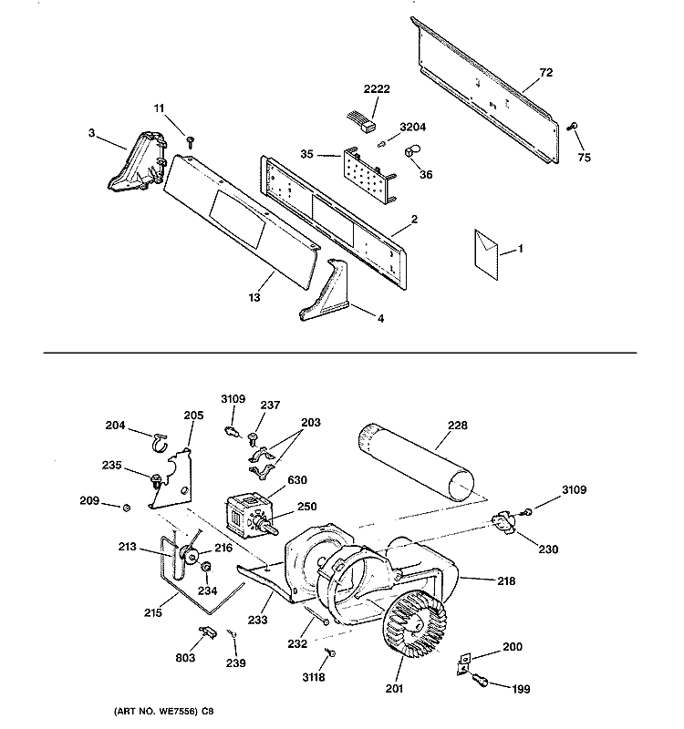 BACKSPLASH, BLOWER & MOTOR ASSEMBLY Diagram and Parts List for DPSE592GA0AA  General Electric Dryer