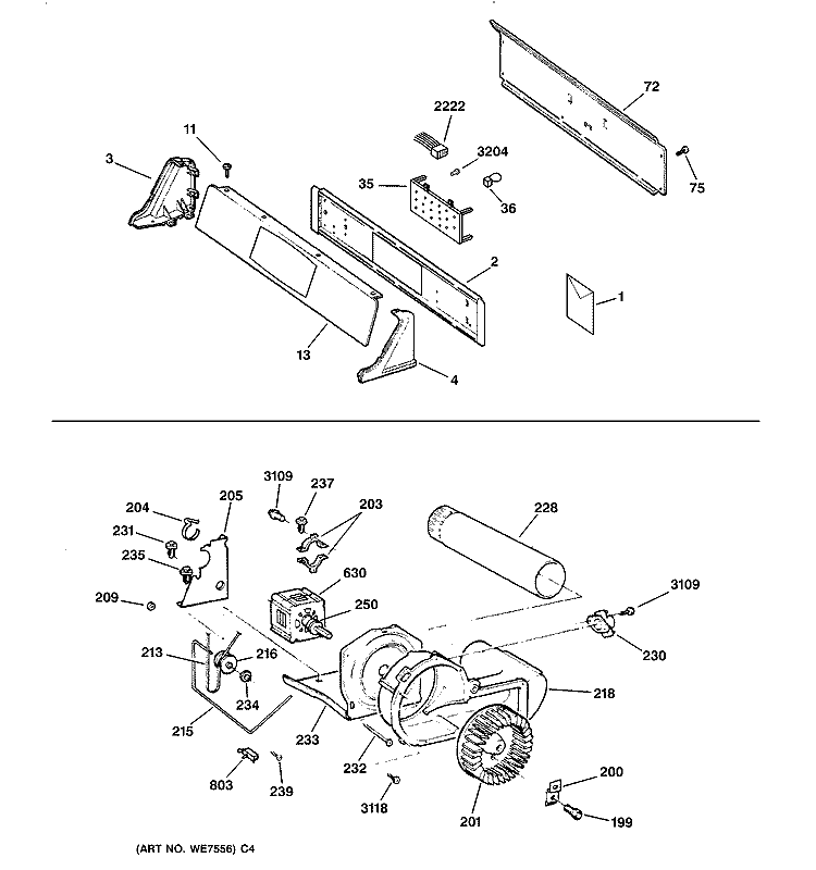 BACKSPLASH, BLOWER & MOTOR ASSEMBLY Diagram and Parts List for DPSE592GA1AA  General Electric Dryer