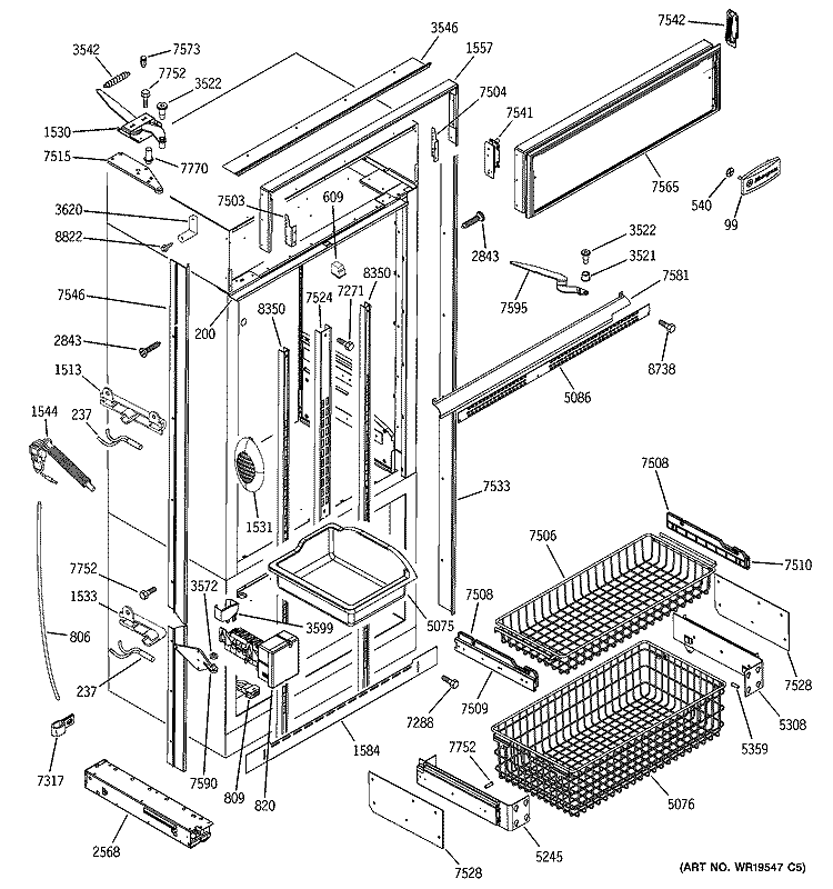 FREEZER SECTION, TRIM & COMPONENTS Diagram and Parts List for ZICP360SLCSS  General Electric Refrigerator
