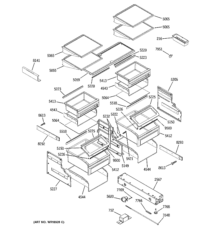 SHELVES & DRAWERS Diagram and Parts List for ZICP360SLESS  General Electric Refrigerator