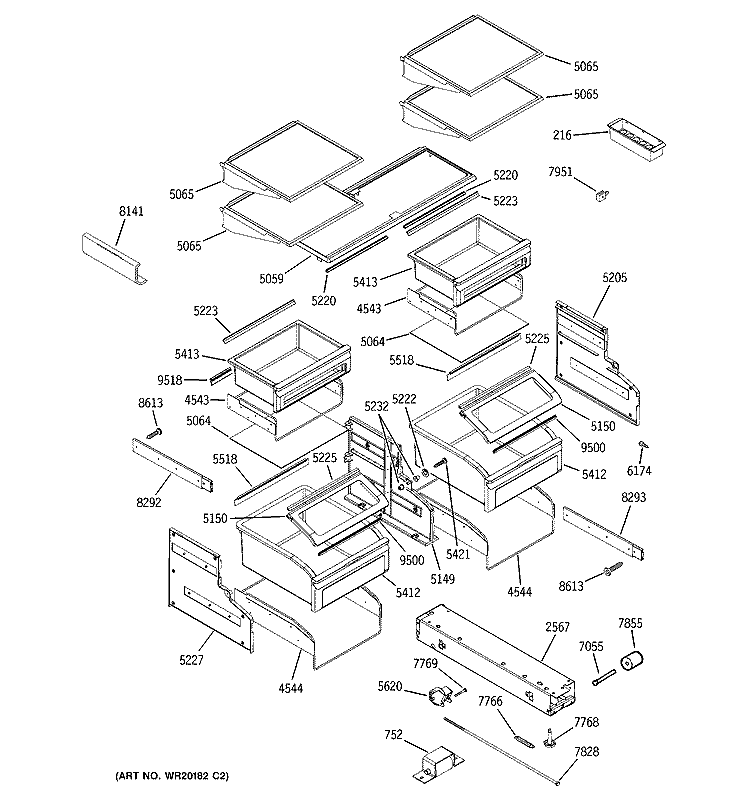SHELVES & DRAWERS Diagram and Parts List for ZICP360SRBSS  General Electric Refrigerator
