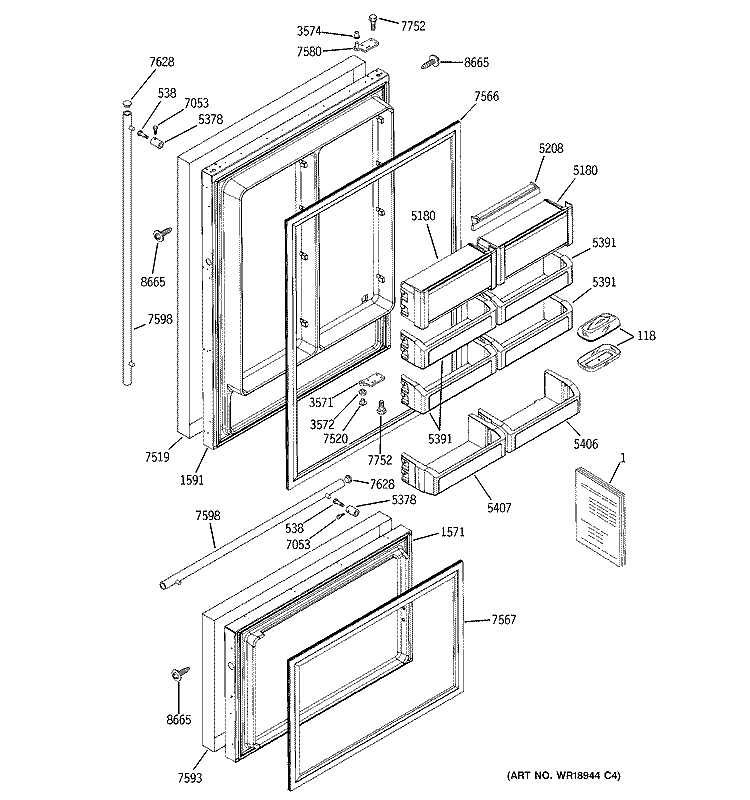 DOORS Diagram and Parts List for ZICP720ASDSS  General Electric Refrigerator