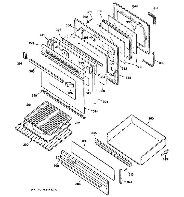 DOOR & DRAWER PARTS Diagram and Parts List for JGBP30WEW1WW  General Electric Range