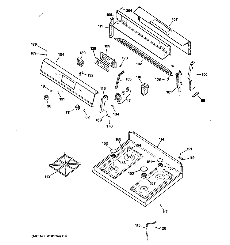 CONTROL PANEL & COOKTOP Diagram and Parts List for JGBP30WEV4WW  General Electric Range