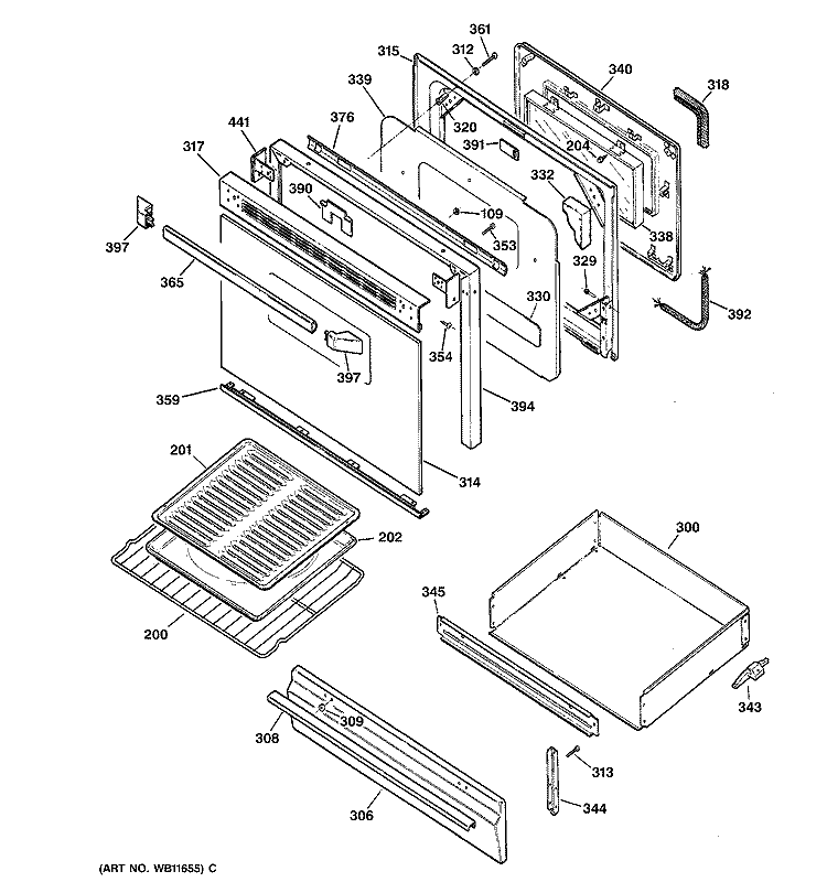 DOOR & DRAWER PARTS Diagram and Parts List for JGBP30WEV3WW  General Electric Range