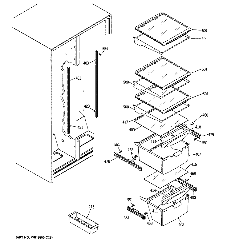 FRESH FOOD SHELVES Diagram and Parts List for GSE25KETBFWW  General Electric Refrigerator