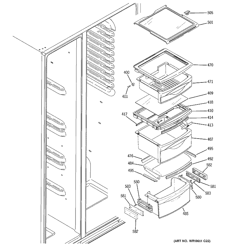FRESH FOOD SHELVES Diagram and Parts List for GCL22QGTGSV  General Electric Refrigerator