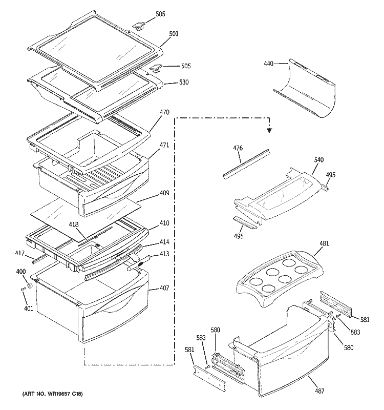 FRESH FOOD SHELVES Diagram and Parts List for GSF25LGWCBB  General Electric Refrigerator