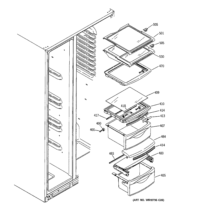 FRESH FOOD SHELVES Diagram and Parts List for GSF25TGWCBB  General Electric Refrigerator