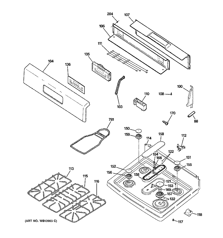CONTROL PANEL & COOKTOP Diagram and Parts List for JGBS80BEL2BB  General Electric Range