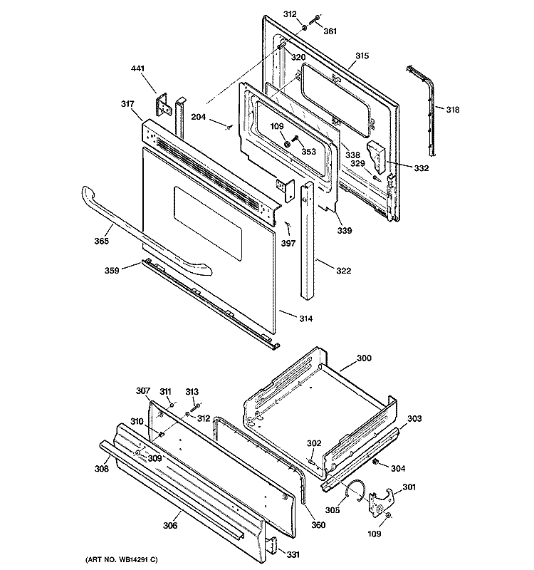 DOOR & DRAWER PARTS Diagram and Parts List for JGSS05BEM1BB  General Electric Range