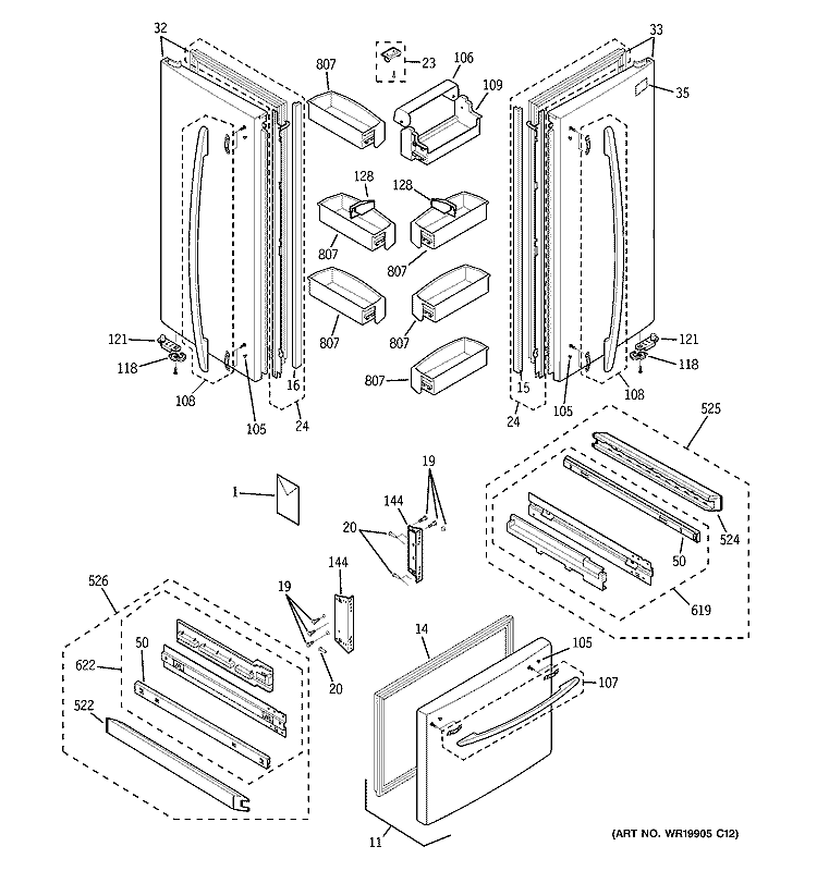 DOORS Diagram and Parts List for PFS22SBSBSS  General Electric Refrigerator