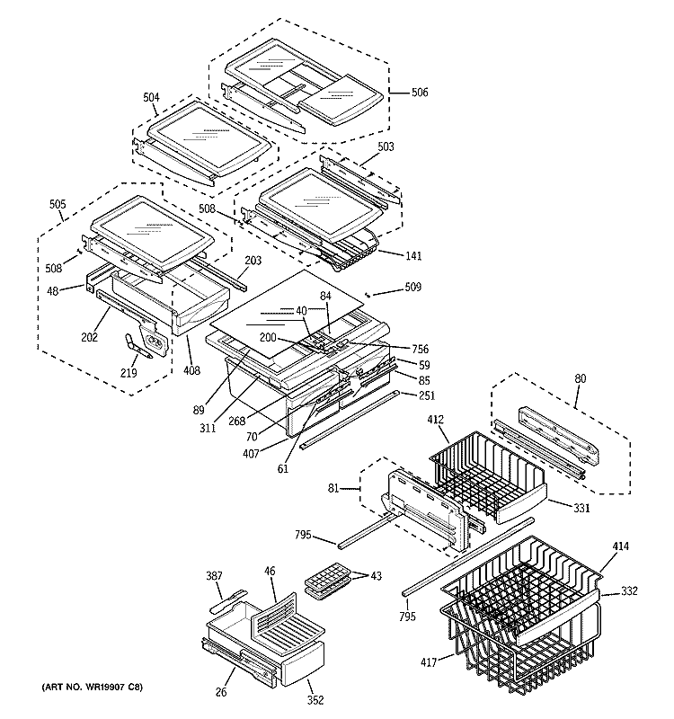 SHELVES Diagram and Parts List for PFS22MBSAWW  General Electric Refrigerator