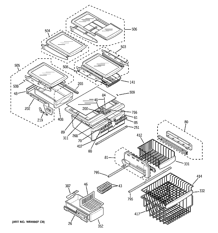 SHELVES Diagram and Parts List for PFS22MBSBBB  General Electric Refrigerator