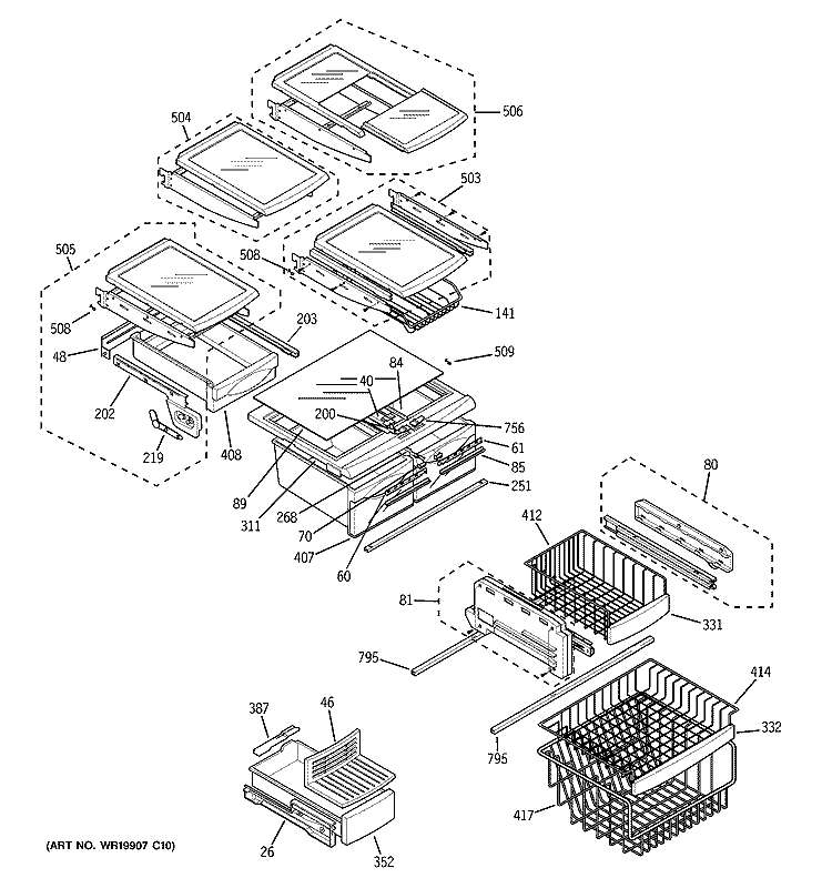 SHELVES Diagram and Parts List for PFS22MIWABB  General Electric Refrigerator