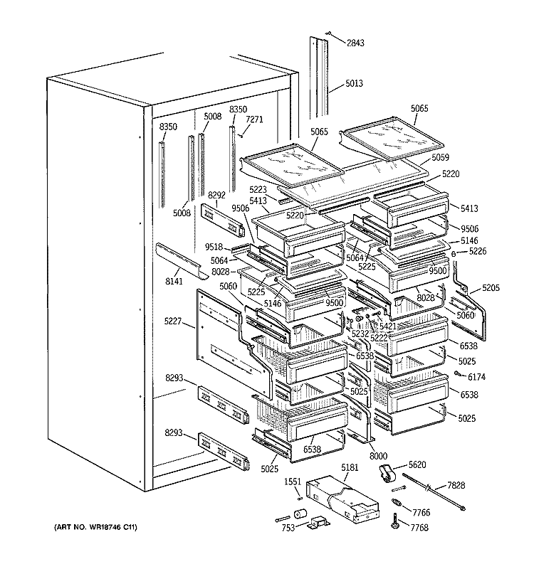 SHELVES & DRAWERS Diagram and Parts List for ZIR36NMDLH  General Electric Refrigerator