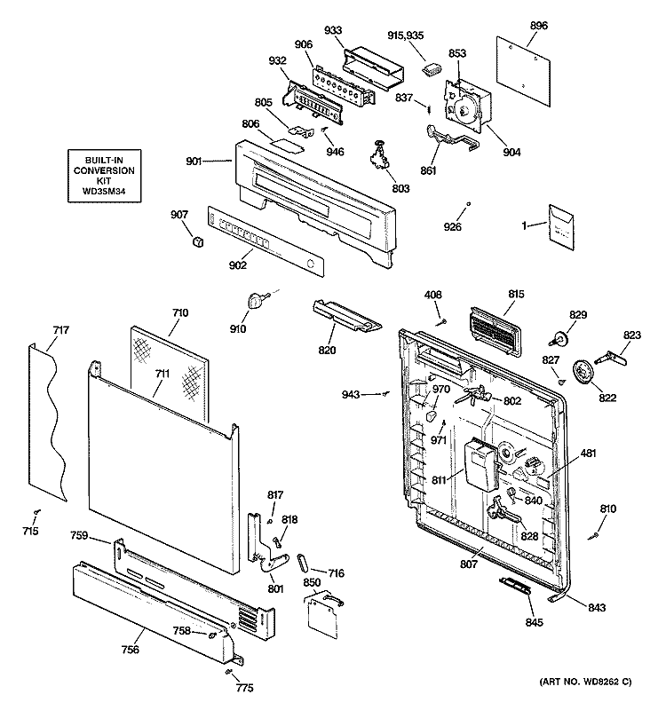 ESCUTCHEON & DOOR ASSEMBLY Diagram and Parts List for GSC3400G01WW  General Electric Dishwasher