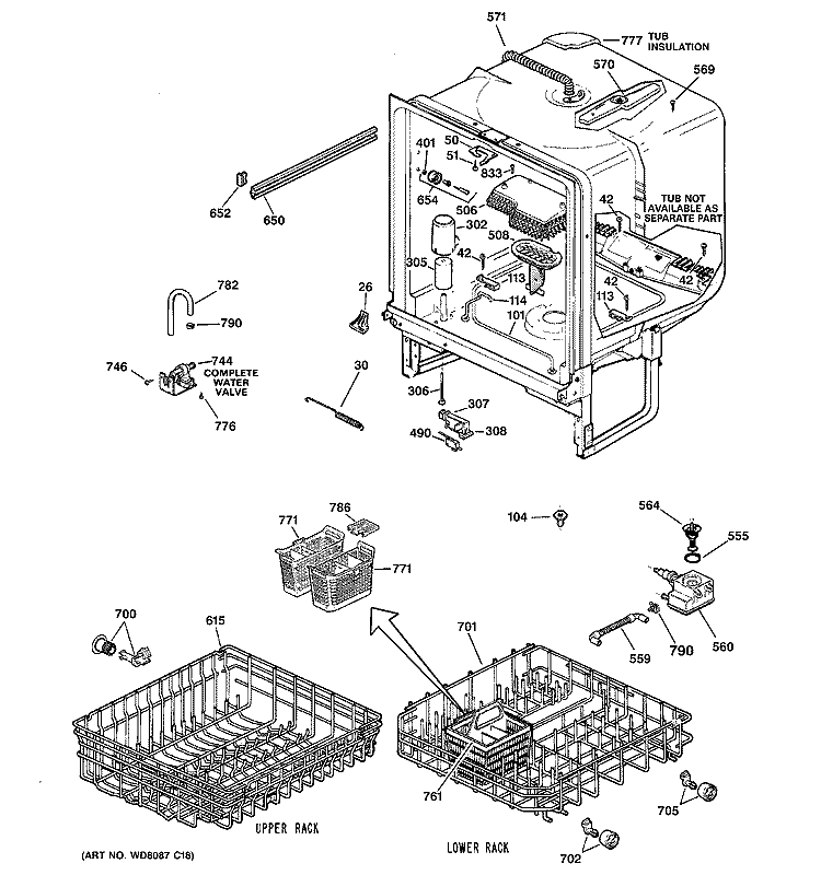 BODY PARTS Diagram and Parts List for GSC3400G01WW  General Electric Dishwasher