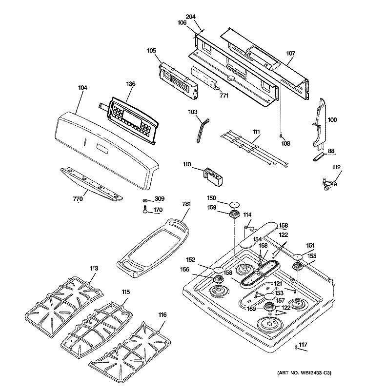CONTROL PANEL & COOKTOP Diagram and Parts List for JGB908BEK7BB  General Electric Range