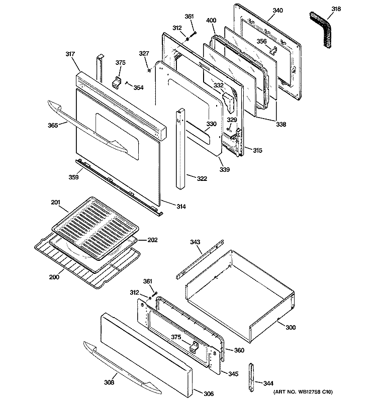 DOOR & DRAWER PARTS Diagram and Parts List for JGB908BEK7BB  General Electric Range