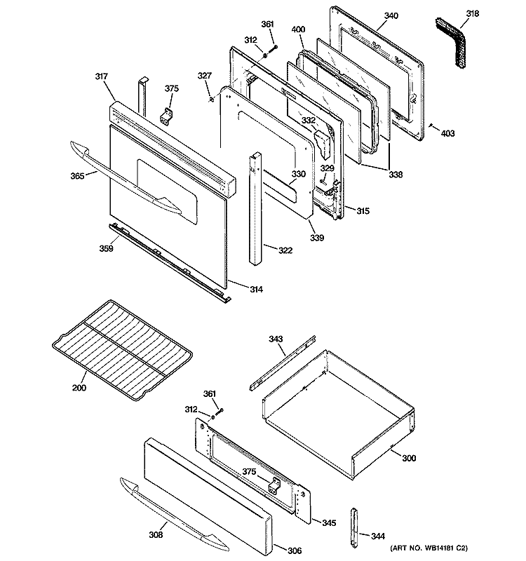 DOOR & DRAWER PARTS Diagram and Parts List for PGB900DEM1CC  General Electric Range