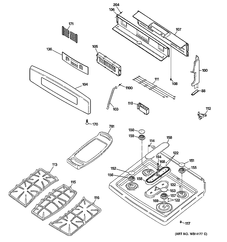 CONTROL PANEL & COOKTOP Diagram and Parts List for PGB916DEM1CC  General Electric Range