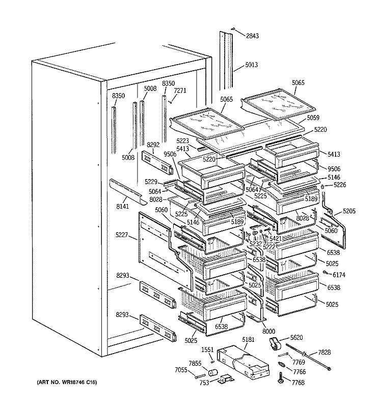 SHELVES & DRAWERS Diagram and Parts List for ZIR36NMALH  General Electric Refrigerator