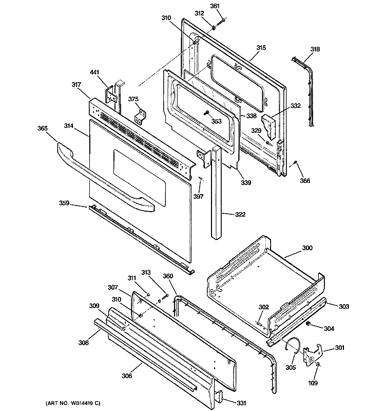 DOOR & DRAWER PARTS Diagram and Parts List for RGB533BEK5BB  Hotpoint Range