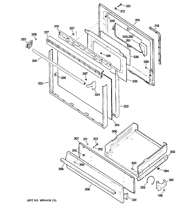DOOR & DRAWER PARTS Diagram and Parts List for JGBS16WEP1WW  General Electric Range
