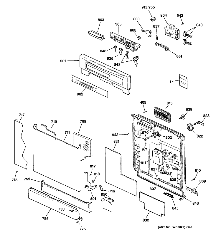 ESCUTCHEON & DOOR ASSEMBLY Diagram and Parts List for GSD5152F01CC  General Electric Dishwasher