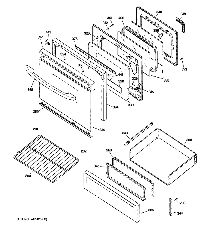 DOOR & DRAWER PARTS Diagram and Parts List for JGBP87DEM1WW  General Electric Range