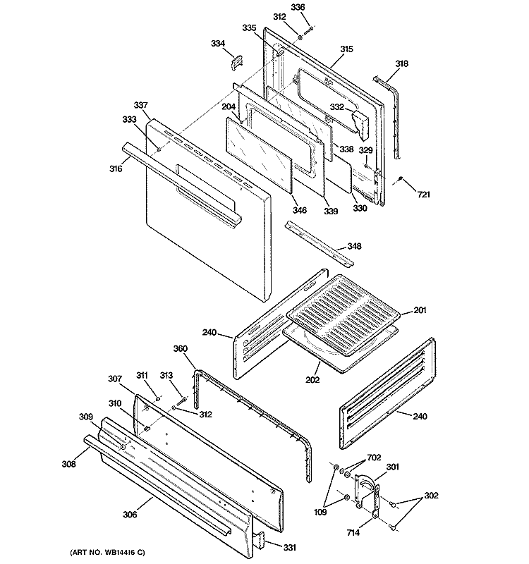 DOOR & DRAWER PARTS Diagram and Parts List for AGBS300PJ2WW  General Electric Range