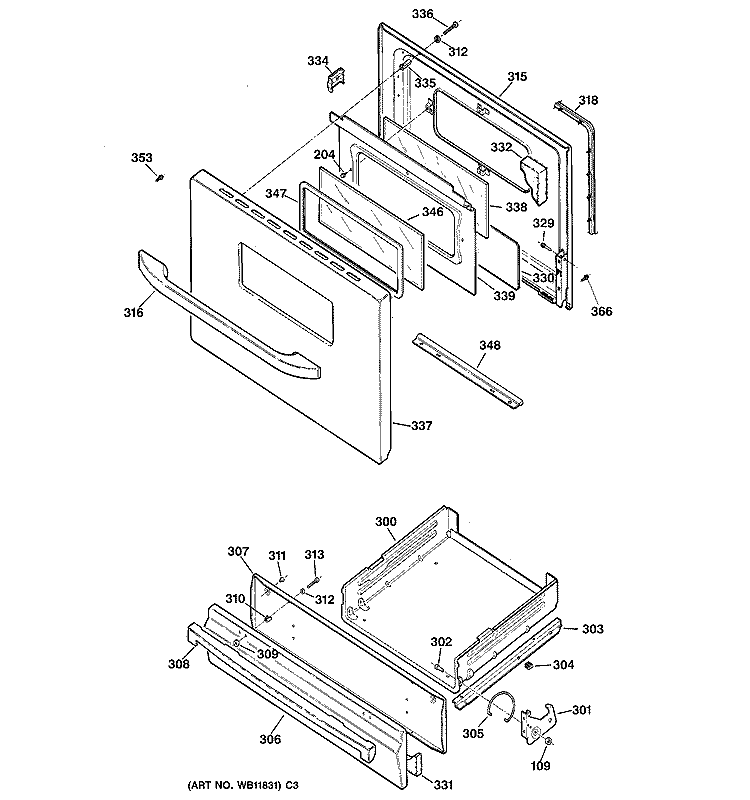 DOOR & DRAWER PARTS Diagram and Parts List for JGBS21HEH7WW  General Electric Range