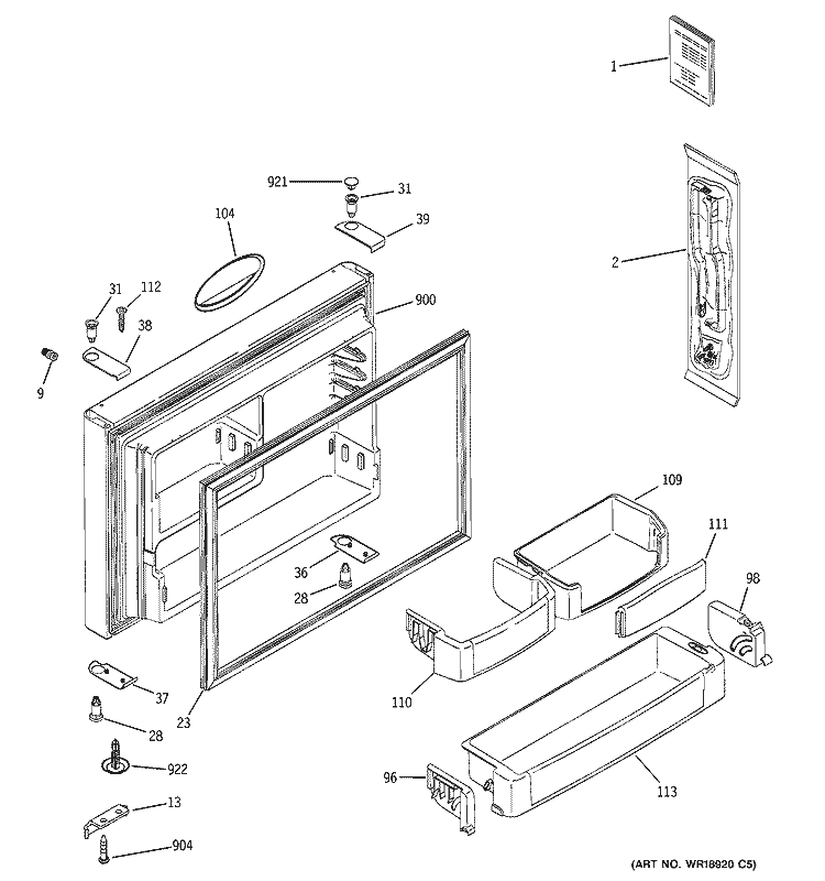 FREEZER DOOR Diagram and Parts List for PTS25SHSARSS  General Electric Refrigerator