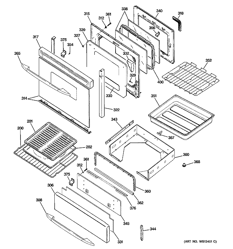 DOOR & DRAWER PARTS Diagram and Parts List for J2B918SEL2SS  General Electric Range