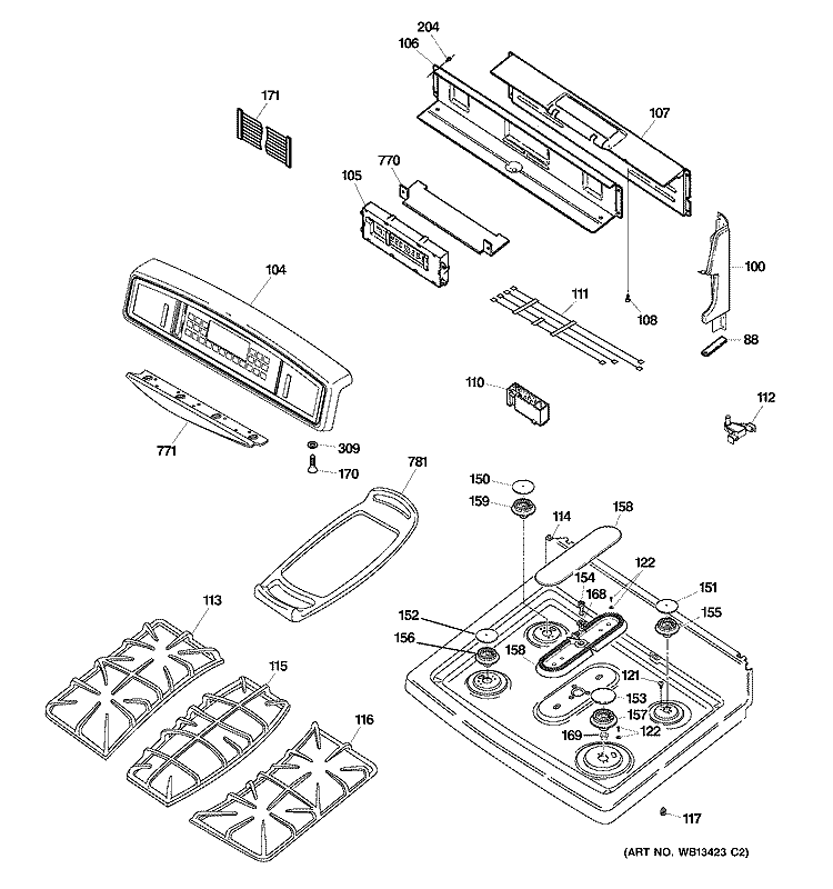 CONTROL PANEL & COOKTOP Diagram and Parts List for JGB918CEK7CC  General Electric Range