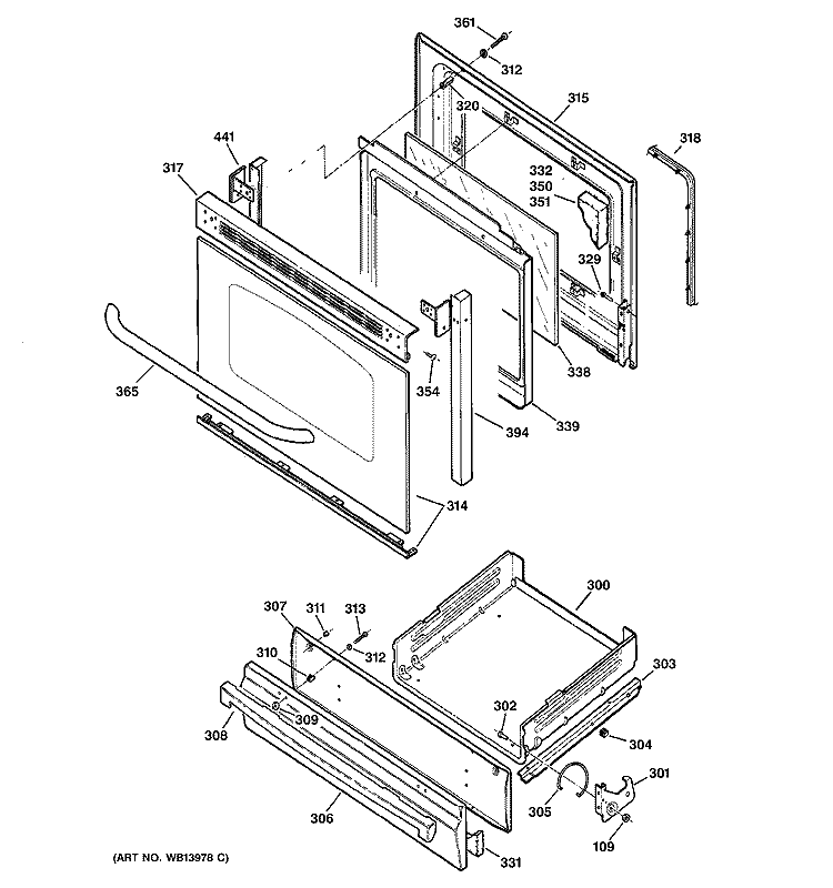 DOOR & DRAWER PARTS Diagram and Parts List for JGBS23SEL3SS  General Electric Range