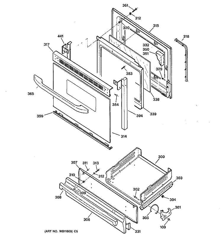 DOOR & DRAWER PARTS Diagram and Parts List for JGBS24BEH7CT  General Electric Range