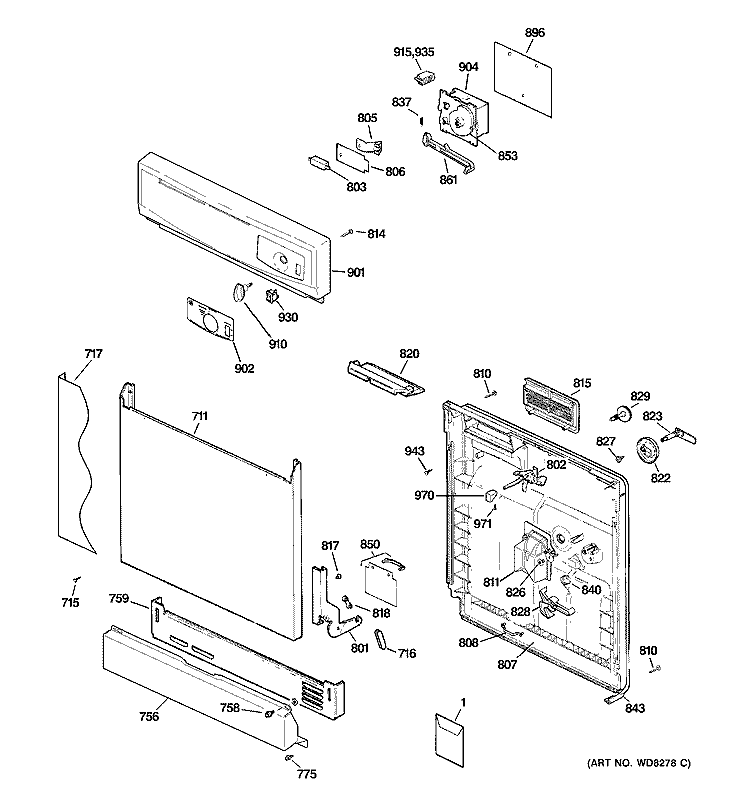 ESCUTCHEON & DOOR ASSEMBLY Diagram and Parts List for GSD1100N10WW  General Electric Dishwasher